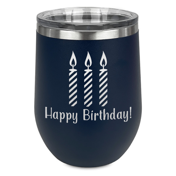 Custom Happy Birthday Stemless Stainless Steel Wine Tumbler - Navy - Double Sided (Personalized)