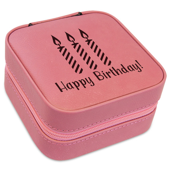 Custom Happy Birthday Travel Jewelry Boxes - Pink Leather (Personalized)