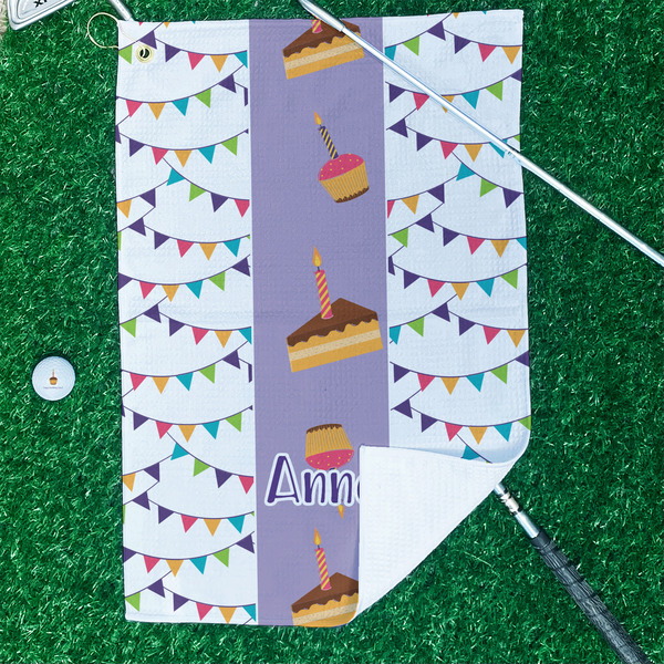 Happy Birthday Waffle Weave Golf Towel - In Context
