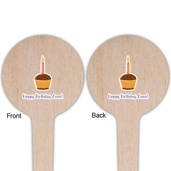Happy Birthday Wooden 4" Food Pick - Round - Double Sided - Front & Back