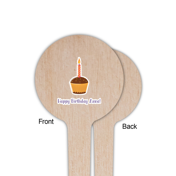 Happy Birthday Wooden 4" Food Pick - Round - Single Sided - Front & Back
