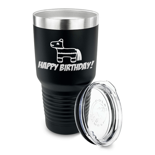 Pinata Birthday 30 oz Stainless Steel Ringneck Tumblers - Black - LID OFF