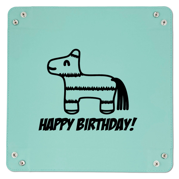 Pinata Birthday 9" x 9" Teal Leatherette Snap Up Tray - APPROVAL