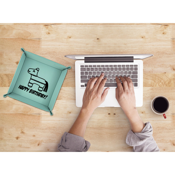 Pinata Birthday 9" x 9" Teal Leatherette Snap Up Tray - LIFESTYLE