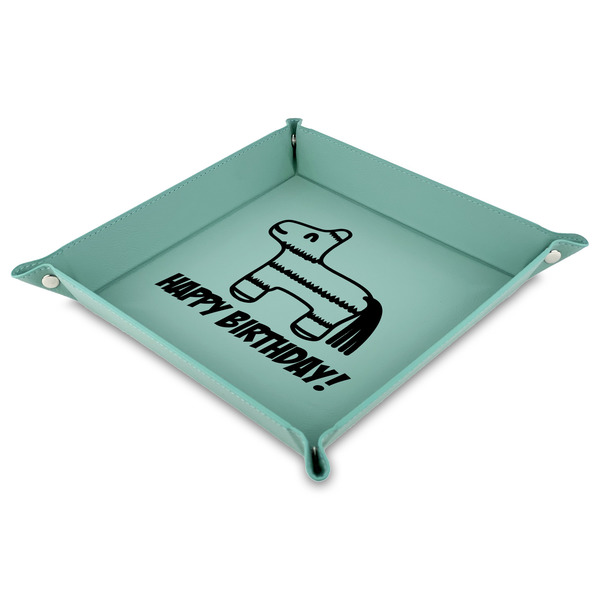 Custom Pinata Birthday Faux Leather Dice Tray - 9" x 9"  - Teal (Personalized)