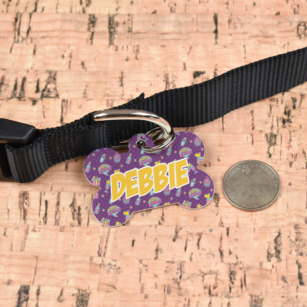Pinata Birthday Bone Shaped Dog ID Tag - Large - In Context