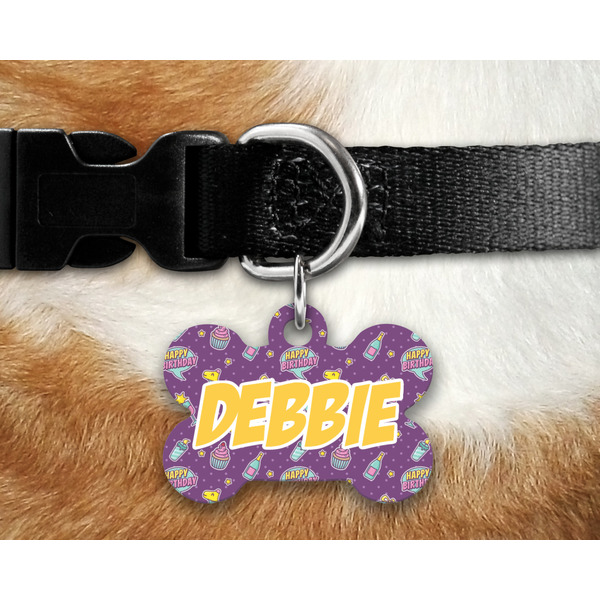 Pinata Birthday Bone Shaped Dog Tag on Collar & Dog