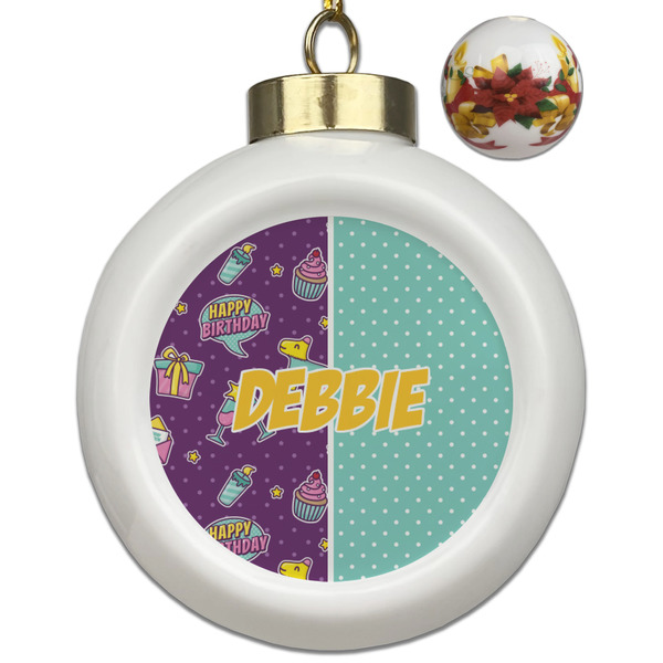 Custom Pinata Birthday Ceramic Ball Ornaments - Poinsettia Garland (Personalized)