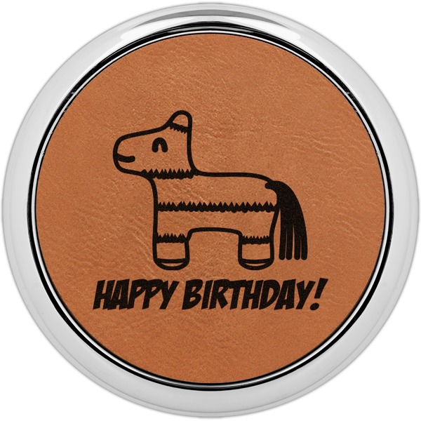 Custom Pinata Birthday Leatherette Round Coaster w/ Silver Edge (Personalized)
