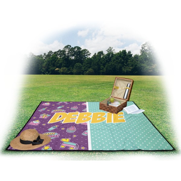 Pinata Birthday Picnic Blanket - with Basket Hat and Book - in Use