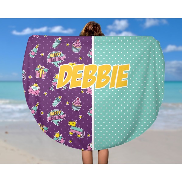 Pinata Birthday Round Beach Towel - In Use