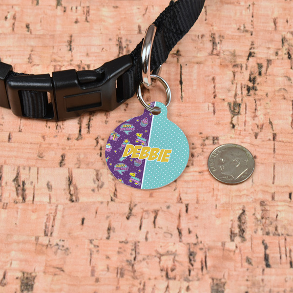 Pinata Birthday Round Pet ID Tag - Small - In Context