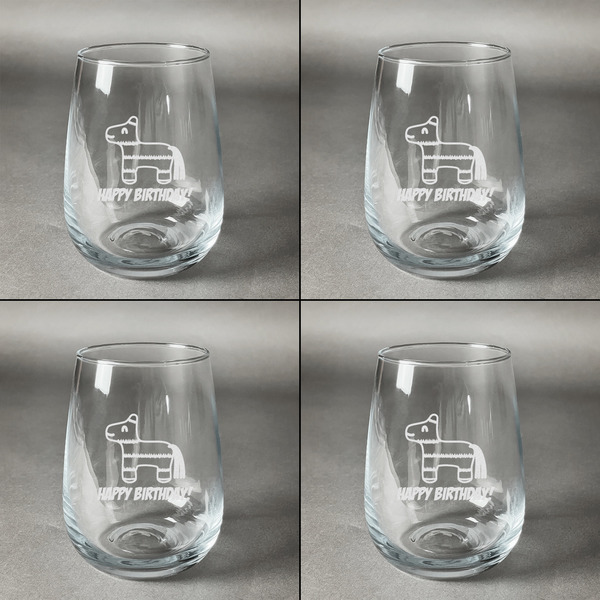 Pinata Birthday Set of Four Personalized Stemless Wineglasses (Approval)