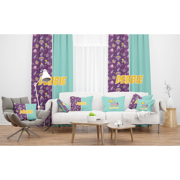Pinata Birthday Sheer and Custom Curtains in Room with Matching Pillows
