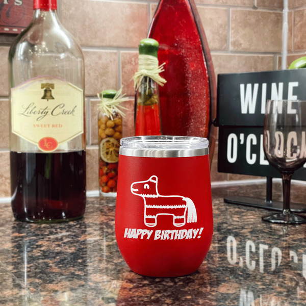 Pinata Birthday Stainless Wine Tumblers - Red - Double Sided - In Context