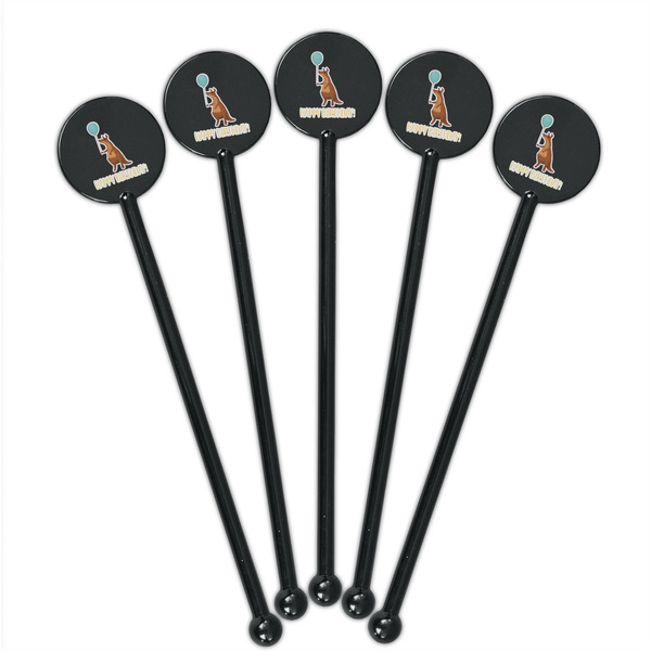 Animal Friend Birthday Black Plastic 5.5" Stir Stick - Round - Fan View