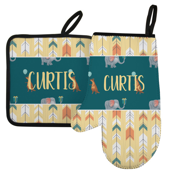 Custom Animal Friend Birthday Left Oven Mitt & Pot Holder Set w/ Name or Text