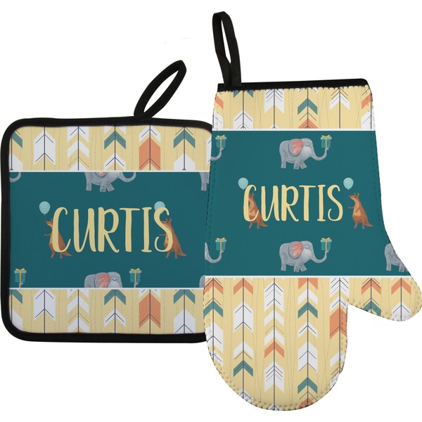 Custom Animal Friend Birthday Oven Mitt & Pot Holder Set w/ Name or Text
