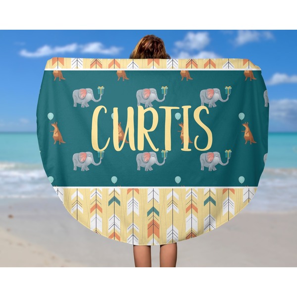 Animal Friend Birthday Round Beach Towel - In Use