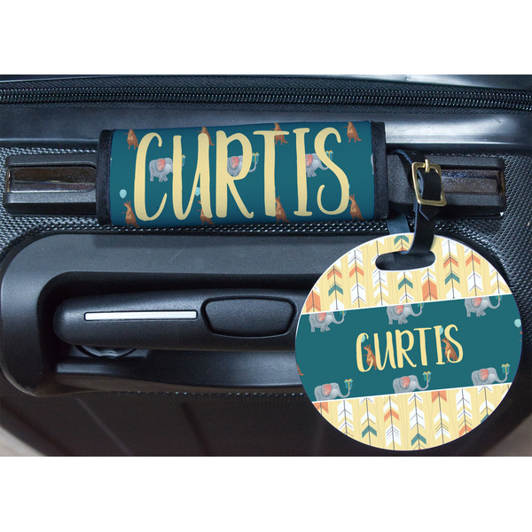 Animal Friend Birthday Round Luggage Tag & Handle Wrap - In Context