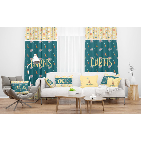 Animal Friend Birthday Sheer and Custom Curtains in Room with Matching Pillows