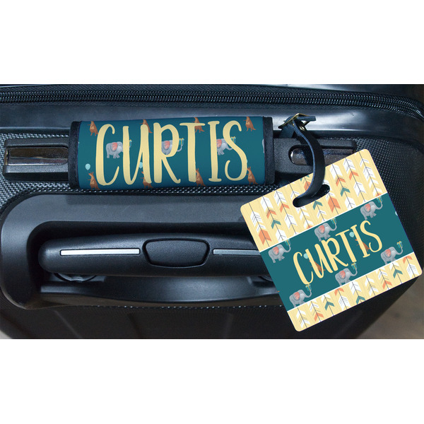 Animal Friend Birthday Square Luggage Tag & Handle Wrap - In Context