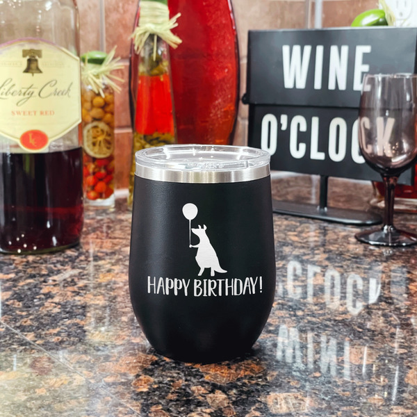 Animal Friend Birthday Stainless Wine Tumblers - Black - Single Sided - In Context
