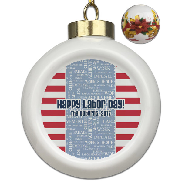 Custom Labor Day Ceramic Ball Ornaments - Poinsettia Garland (Personalized)