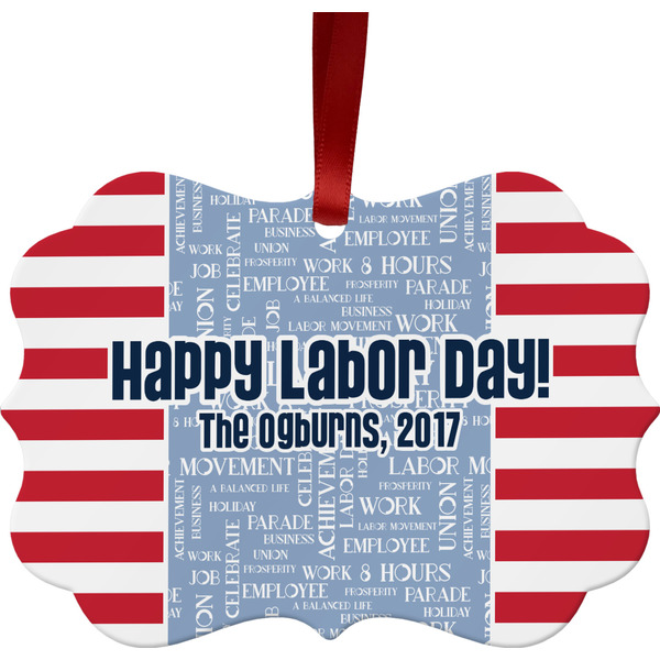 Custom Labor Day Metal Frame Ornament - Double Sided w/ Name or Text