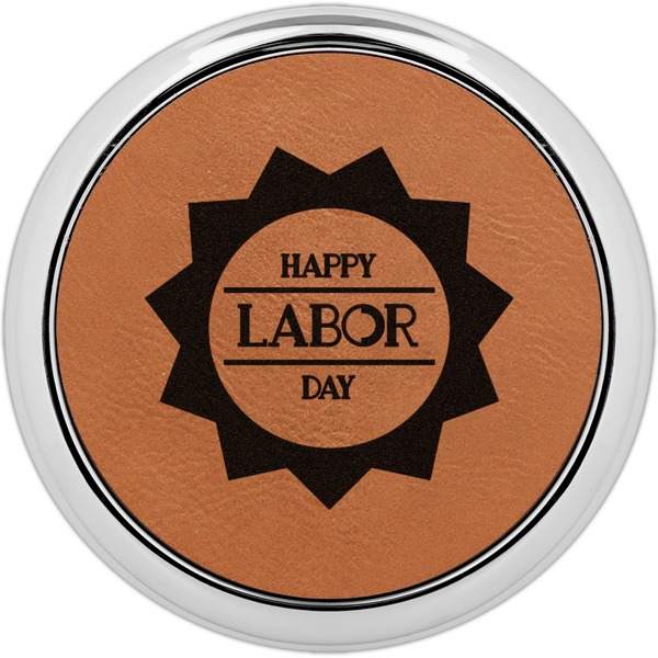Custom Labor Day Set of 4 Leatherette Round Coasters w/ Silver Edge