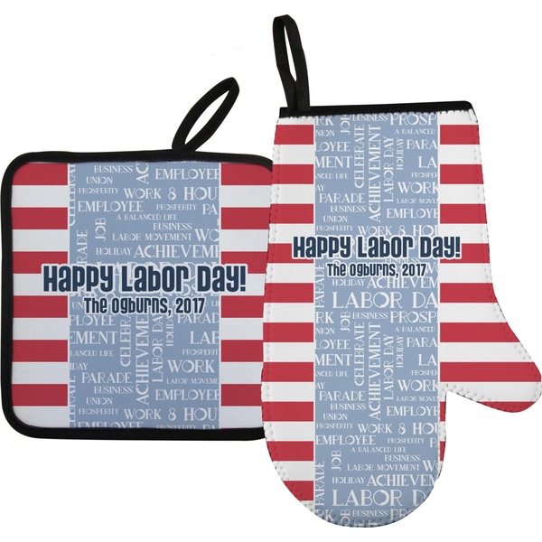 Custom Labor Day Right Oven Mitt & Pot Holder Set w/ Name or Text