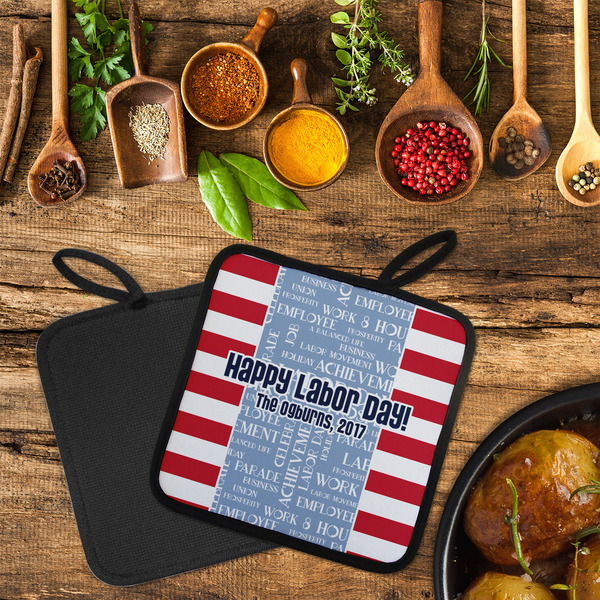 Labor Day Neoprene Pot Holder - Set of 2  LIFESTYLE (Flatlay)