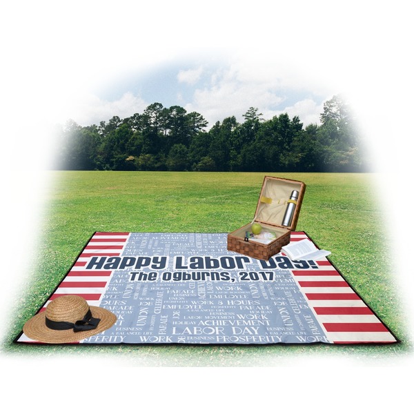 Labor Day Picnic Blanket - with Basket Hat and Book - in Use