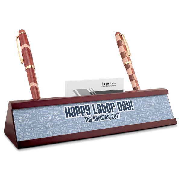 Custom Labor Day Red Mahogany Nameplate with Business Card Holder (Personalized)