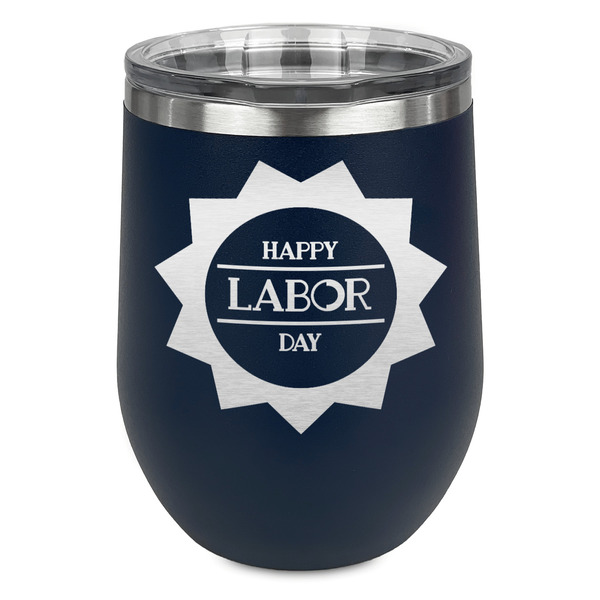 Custom Labor Day Stemless Stainless Steel Wine Tumbler - Navy - Double Sided (Personalized)