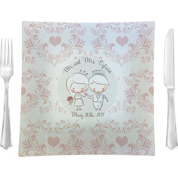 Custom Wedding People 9.5" Glass Square Lunch / Dinner Plate- Single or Set of 4 (Personalized)