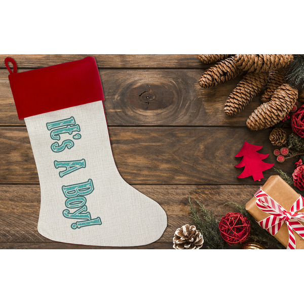 Baby Shower Linen Stocking w/Red Cuff - Flat Lay (LIFESTYLE)