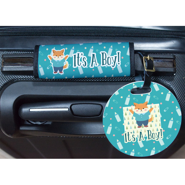Baby Shower Round Luggage Tag & Handle Wrap - In Context