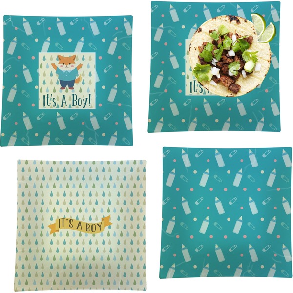 Custom Baby Shower Set of 4 Glass Square Lunch / Dinner Plate 9.5" (Personalized)