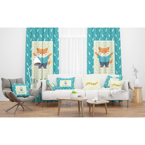 Baby Shower Sheer and Custom Curtains in Room with Matching Pillows