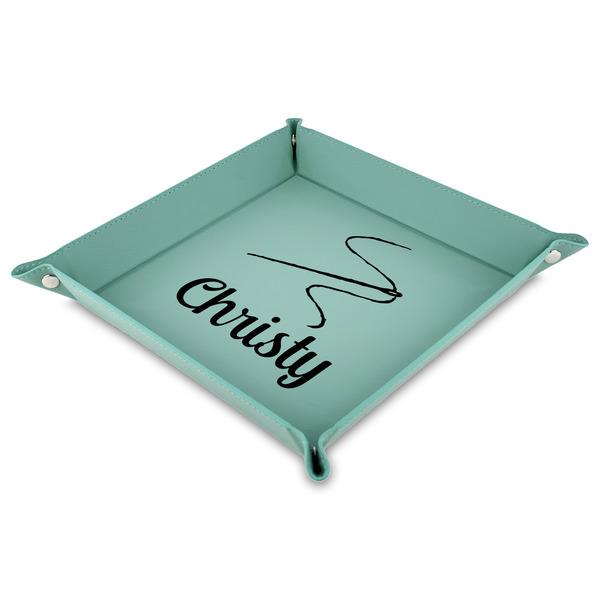 Custom Sewing Time 9" x 9" Teal Faux Leather Valet Tray (Personalized)