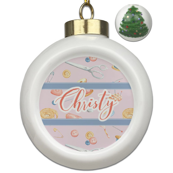 Custom Sewing Time Ceramic Ball Ornament - Christmas Tree (Personalized)