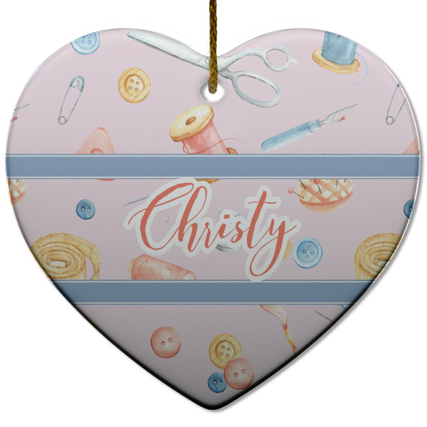 Custom Sewing Time Heart Ceramic Ornament w/ Name or Text
