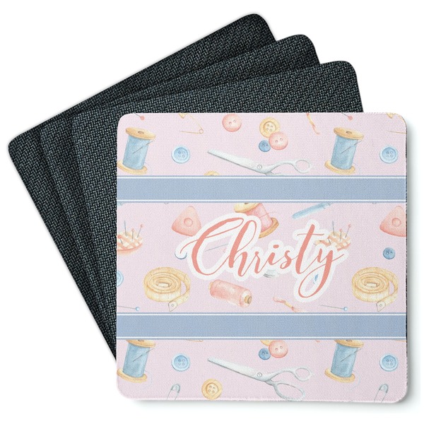 Custom Sewing Time Square Rubber Backed Coasters - Set of 4 (Personalized)