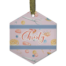 Sewing Time Flat Glass Ornament - Hexagon w/ Name or Text