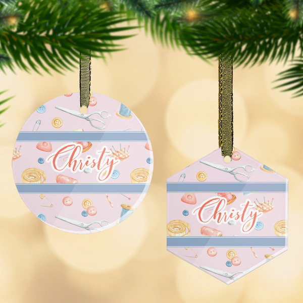 Custom Sewing Time Flat Glass Ornament w/ Name or Text