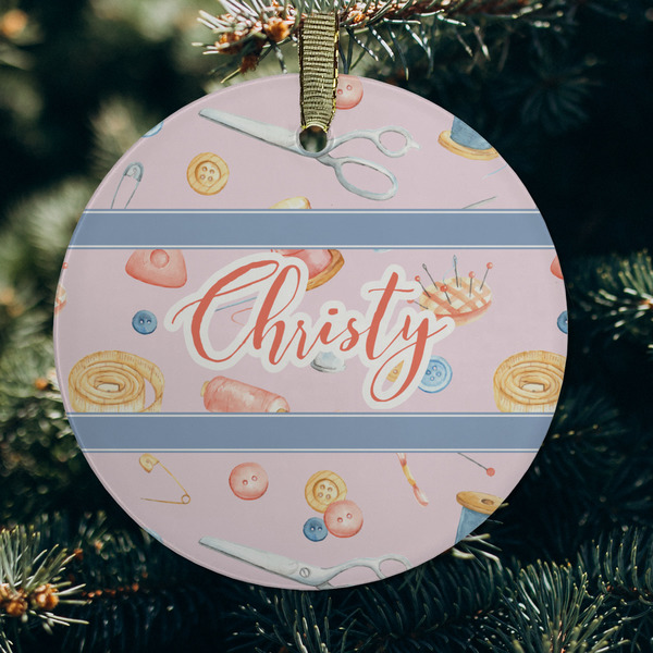 Sewing Time Frosted Glass Ornament - Round (Lifestyle)