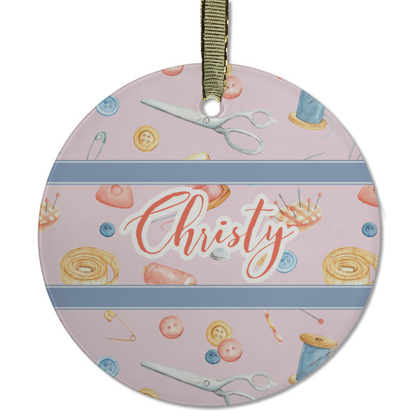 Custom Sewing Time Flat Glass Ornament - Round w/ Name or Text
