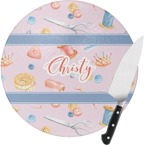 Custom Sewing Time Round Glass Cutting Board (Personalized)