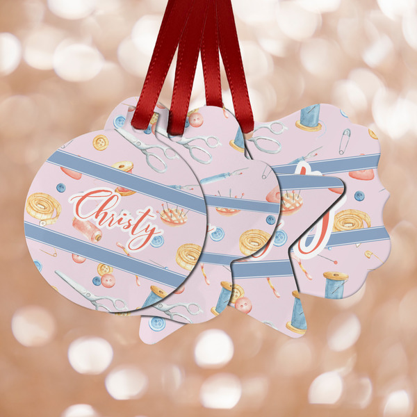 Custom Sewing Time Metal Ornaments - Double Sided w/ Name or Text